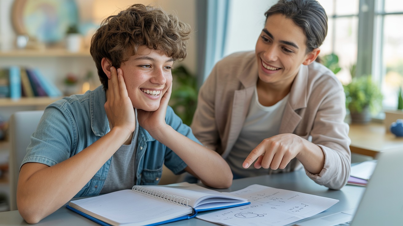 Aluno tendo um momento de compreensão durante aula particular de Física com tutor